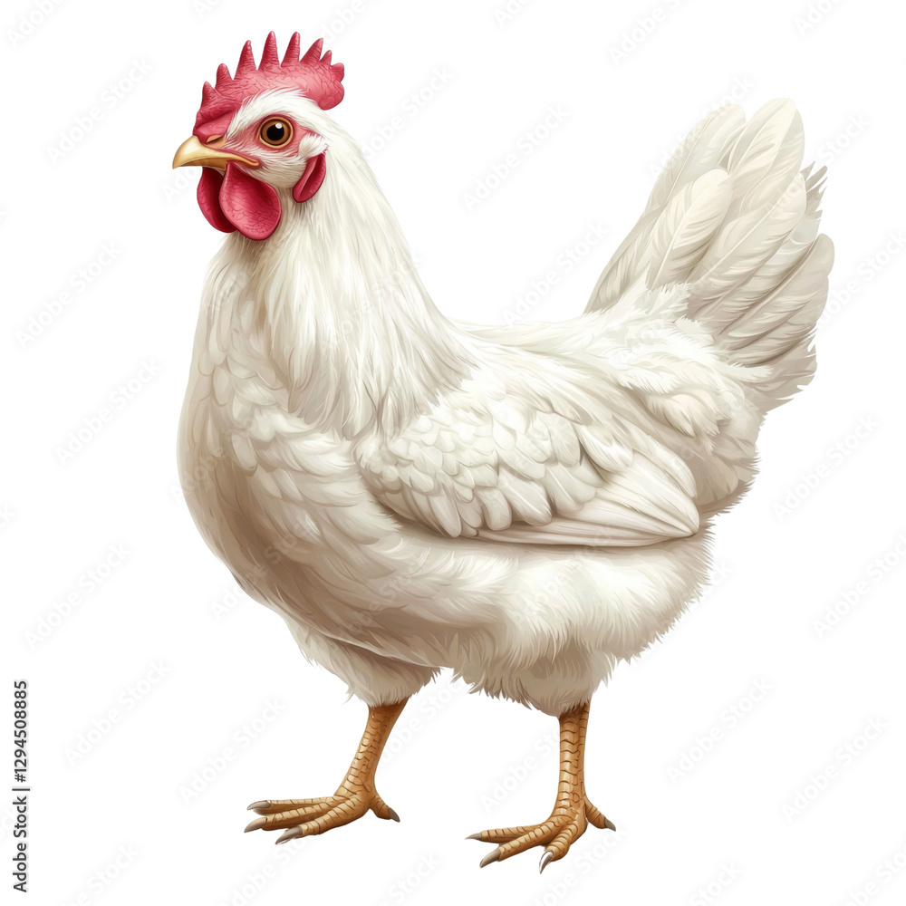 Fototapeta premium realistic illustration of white chicken with red comb and wattles, standing proudly. feathers are fluffy and well defined, showcasing bird natural beauty and grace