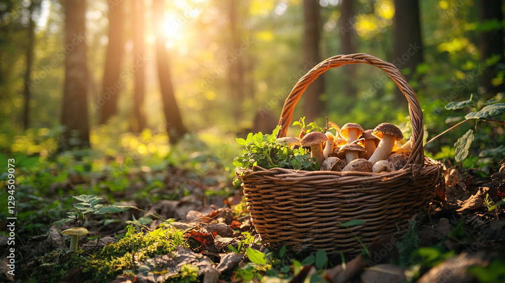 Basket of Foraged Wild Mushrooms in Forest Basket of Foraged Wild Mushrooms in Forest
