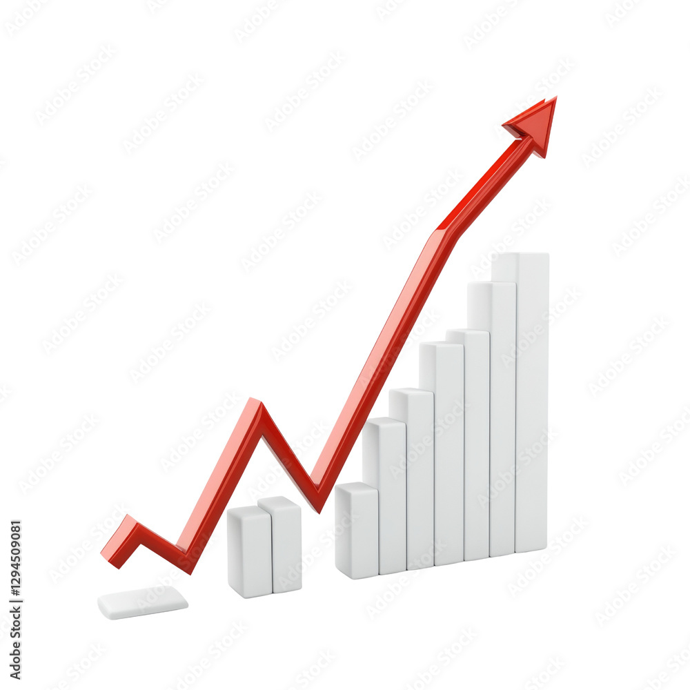 3D graph showing upward trend with red and white bars, symbolizing growth and success. red arrow indicates positive increase in data 3D graph showing upward trend with red and white bars, symbolizing growth and success. red arrow indicates positive increase in data