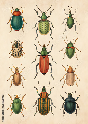 a sheet of antique botanical lithography of the 18 century including bugs and insects vintage poster