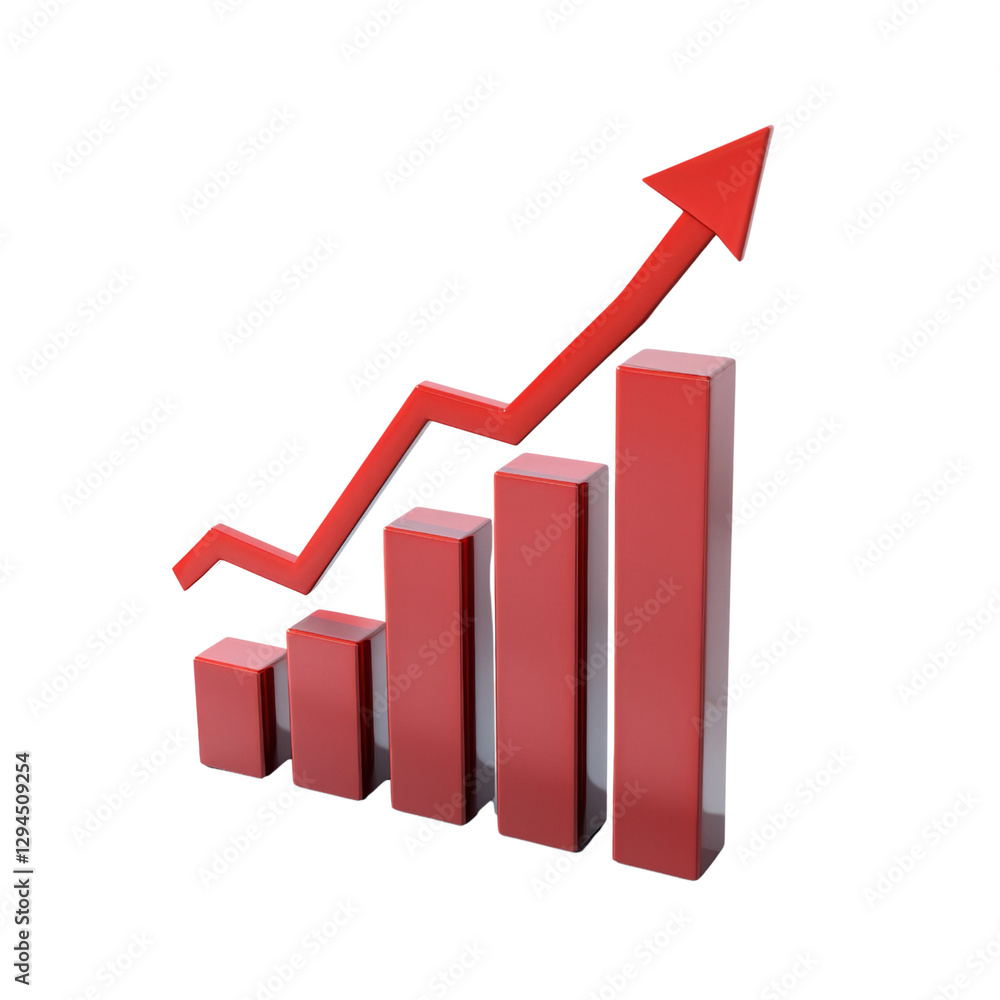 Increasing red bar graph with upward trend arrow symbolizes growth and success in business or finance Increasing red bar graph with upward trend arrow symbolizes growth and success in business or finance