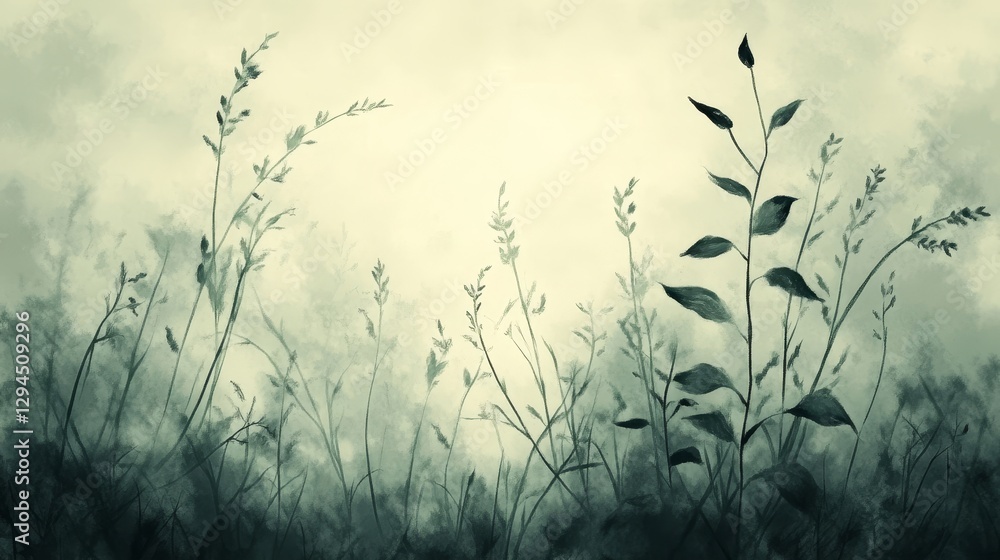 Fototapeta premium Silhouettes of Grass and Leaves, Soft Green Watercolor, Pastel Colors, Tranquil Nature Background.