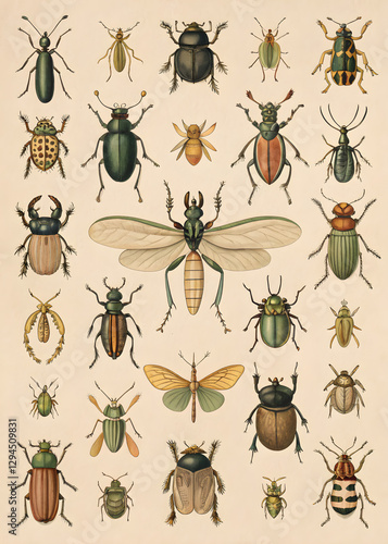 a sheet of antique botanical lithography of the 18 century including bugs and insects vintage poster