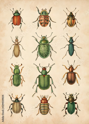 a sheet of antique botanical lithography of the 18 century including bugs and insects vintage poster
