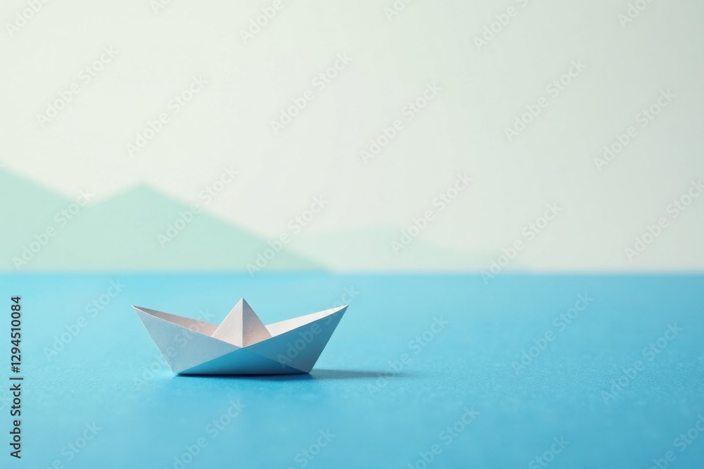 A small paper boat floats serenely on a tranquil blue surface, a gentle landscape softly blurred in the background, evoking a sense of calm and hopeful journey. A small paper boat floats serenely on a tranquil blue surface, a gentle landscape softly blurred in the background, evoking a sense of calm and hopeful journey.