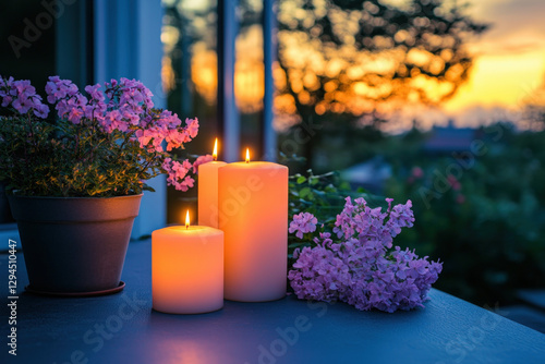 Garden candles lit on a pat...