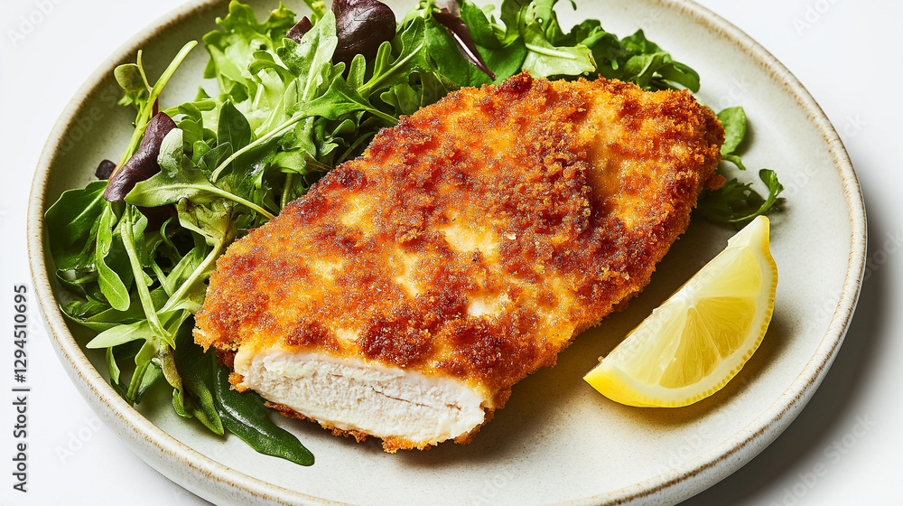Crispy Chicken Schnitzel with Fresh Arugula and Lemon Wedge – AI Generated Crispy Chicken Schnitzel with Fresh Arugula and Lemon Wedge – AI Generated