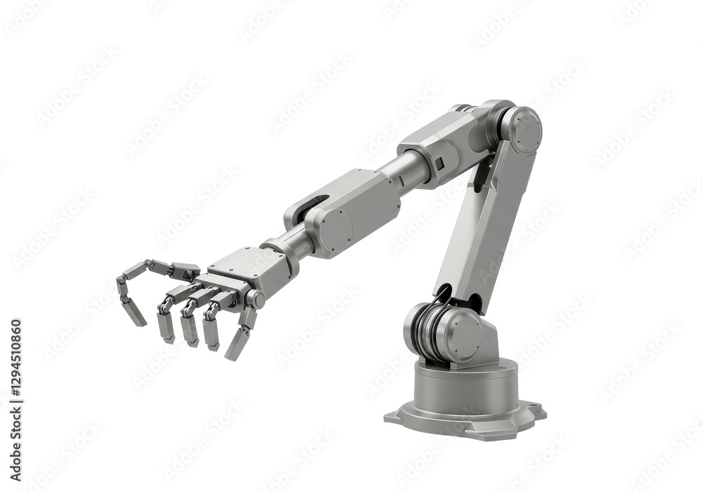 Isolated Silver Industrial Robotic Arm with Articulated Joints and Metallic Finish Isolated Silver Industrial Robotic Arm with Articulated Joints and Metallic Finish