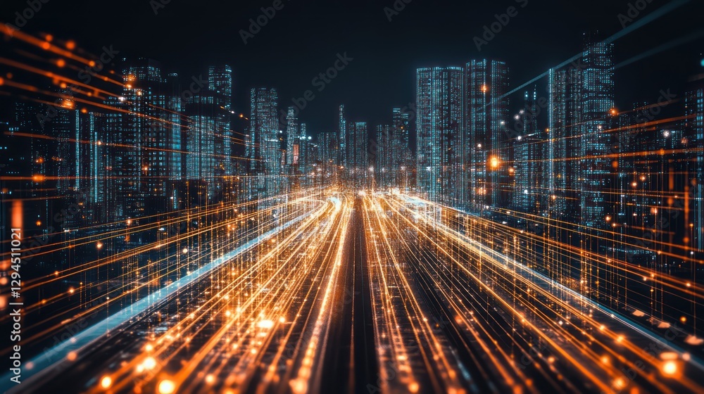 Futuristic cityscape at night with vibrant light trails Futuristic cityscape at night with vibrant light trails