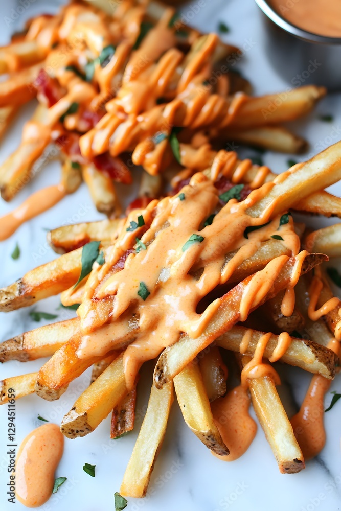 Crispy Potato Fries with Spicy Mayo Sauce Garnish Crispy Potato Fries with Spicy Mayo Sauce Garnish