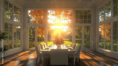 Fototapeta Naklejka Na Ścianę i Meble -  Autumn sunlit dining room with fall foliage view