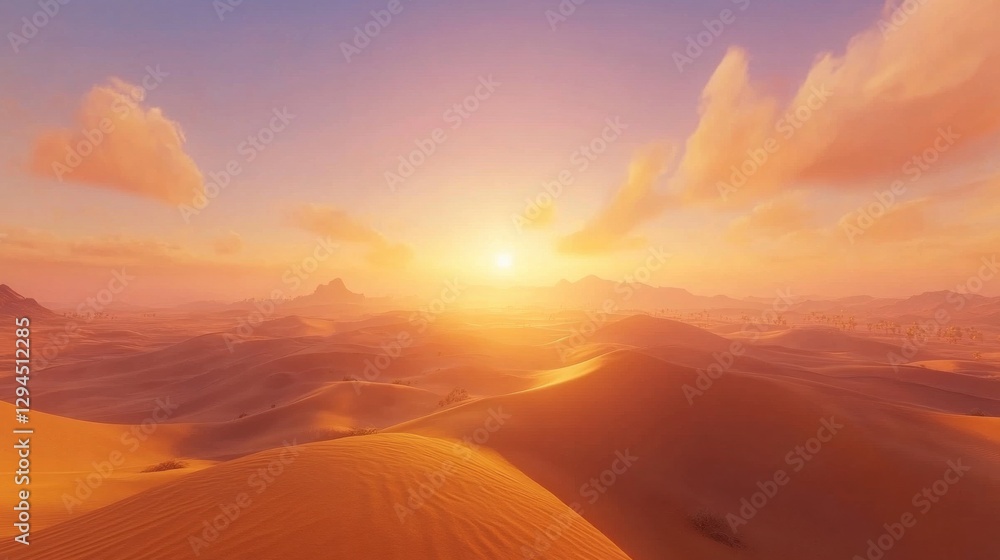 Serene Sunset Over Golden Sand Dunes in Vast Desert Landscape Serene Sunset Over Golden Sand Dunes in Vast Desert Landscape