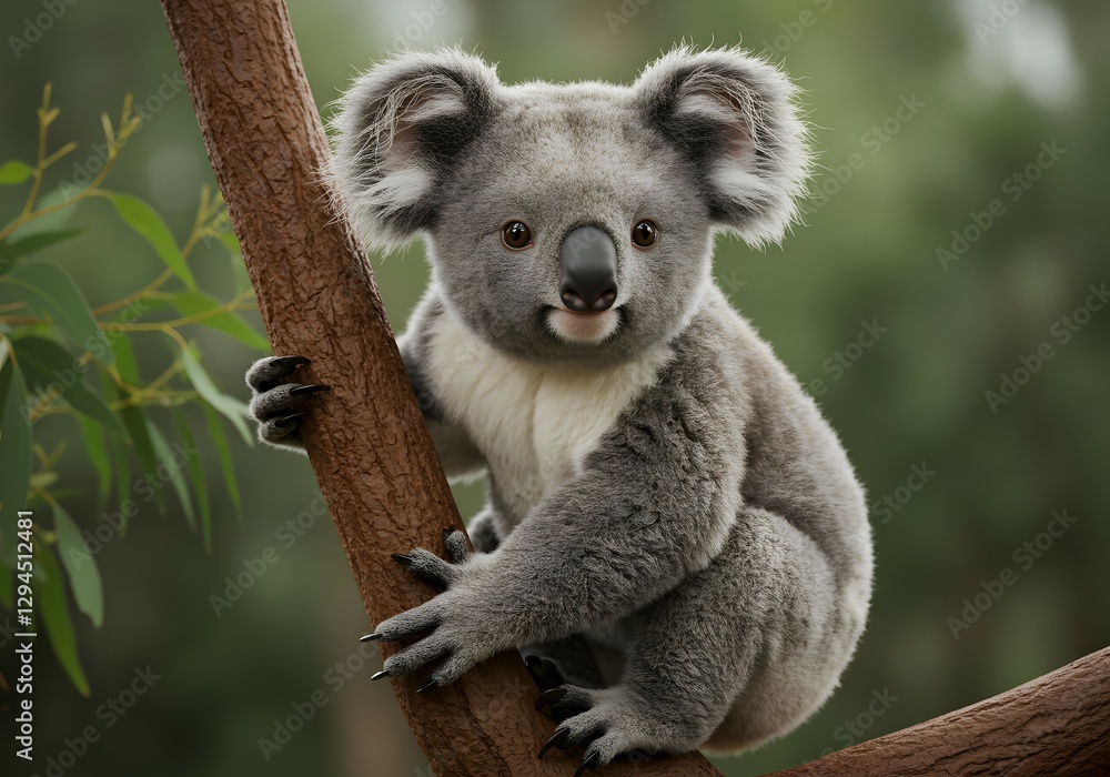 Fototapeta premium Cute Koala Clinging to a Tree in a Lush Green Forest.