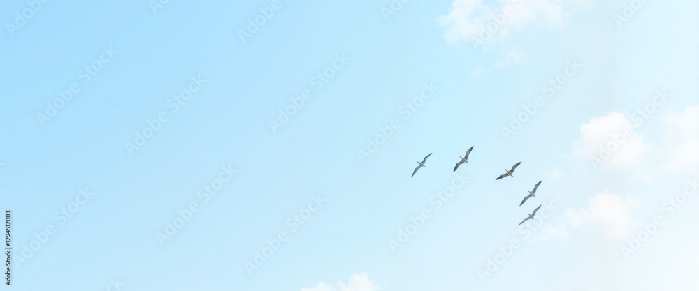 Geese flying in V formation under bright midday sky, nature's harmony Geese flying in V formation under bright midday sky, nature's harmony