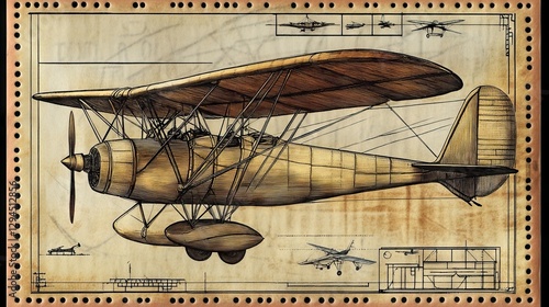 A stamp issued in Kampuchea in 1987 features an airplane designed by Leonardo da Vinci. It's part of a series showcasing original aircraft designs. photo