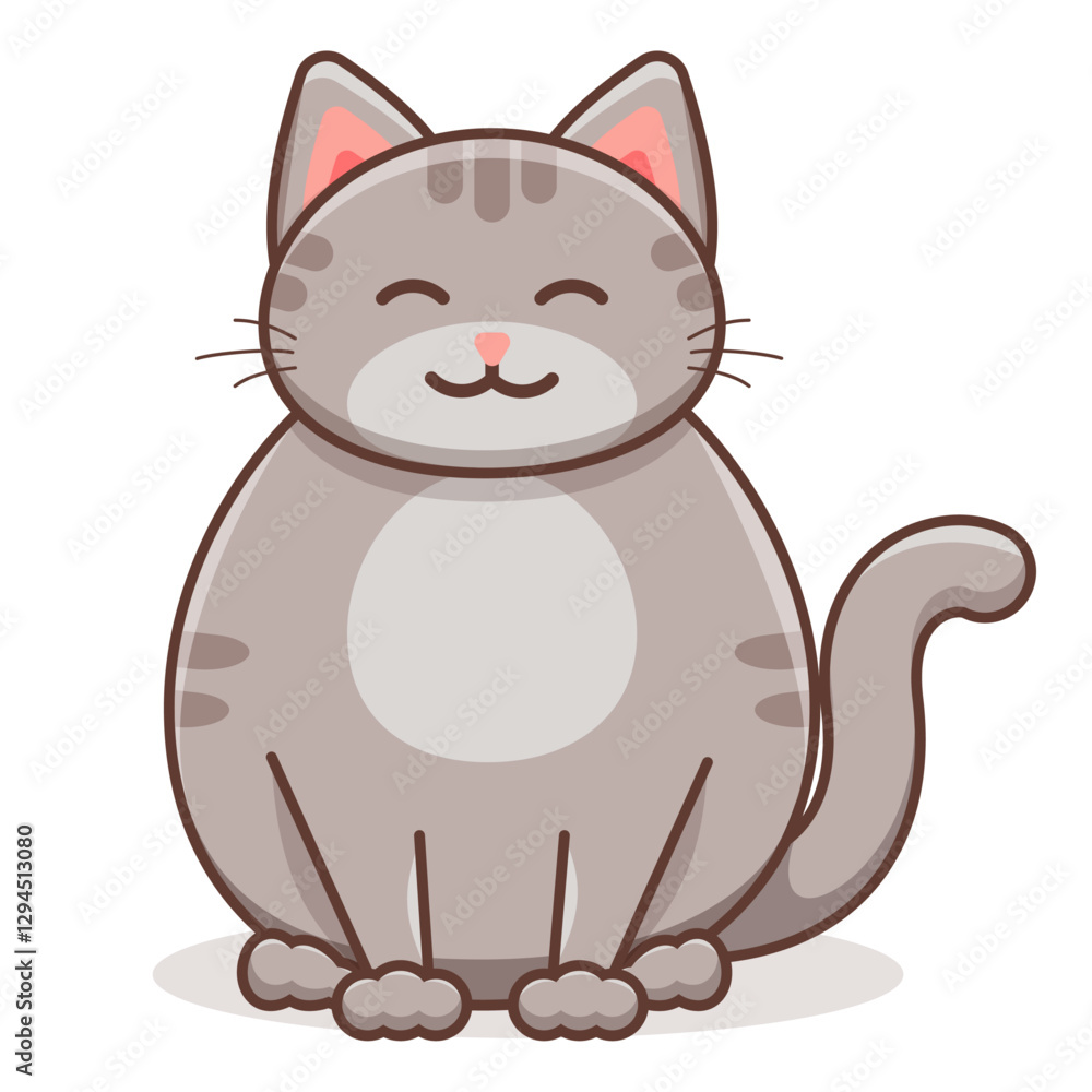A cute smiling fat gray cat with stripes and white spots. Vector illustration. A cute smiling fat gray cat with stripes and white spots. Vector illustration.