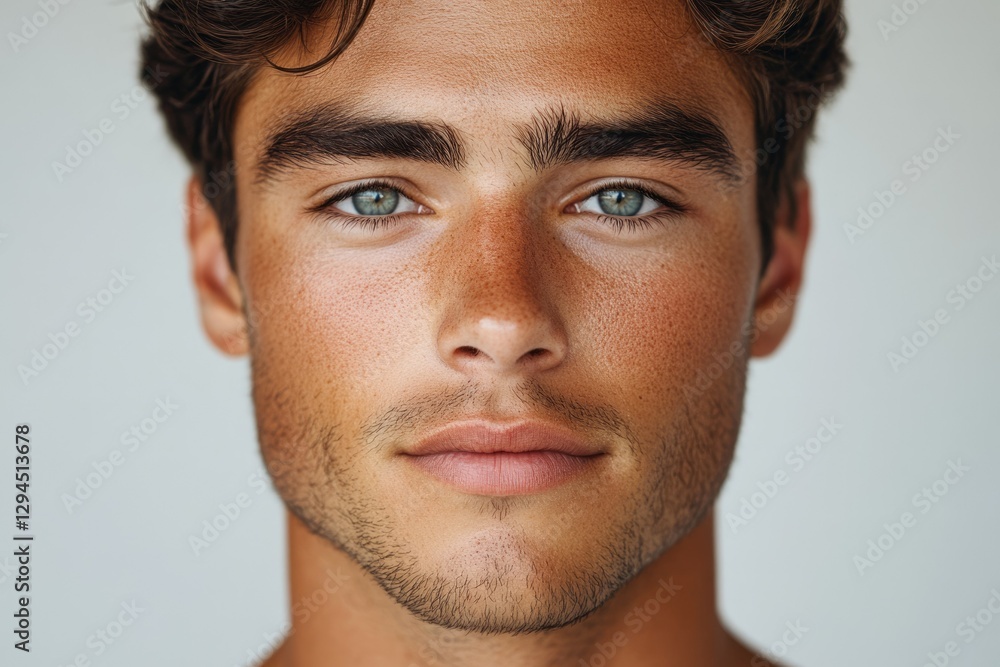 Obraz premium Close-up portrait of a young man with sun-kissed skin, light stubble, and piercing blue eyes.