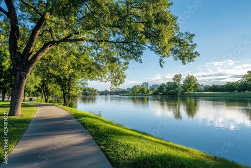 Serene Riverbank Walk Urban Park Landscape Photography Tranquil Environment Panoramic View Nature's Reflection