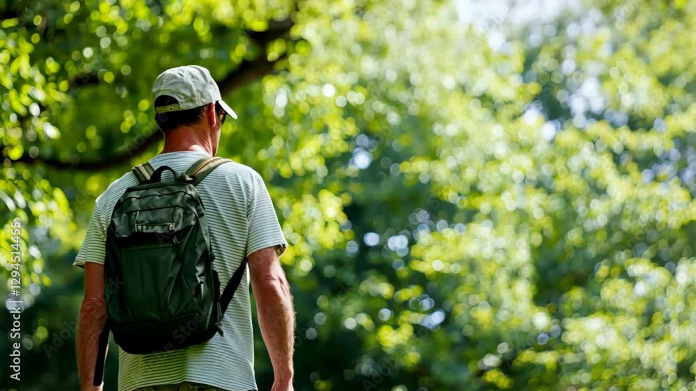 Hiker enjoying a peaceful walk in a lush green forest, surrounded by vibrant foliage and sunlight filtering through the trees. Hiker enjoying a peaceful walk in a lush green forest, surrounded by vibrant foliage and sunlight filtering through the trees.