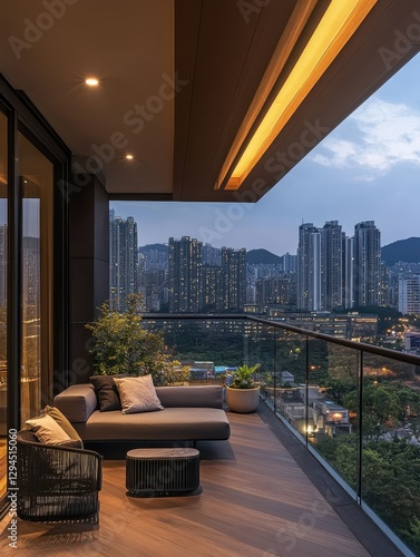 Modern balcony with city view showcasing urban lifestyle and furniture