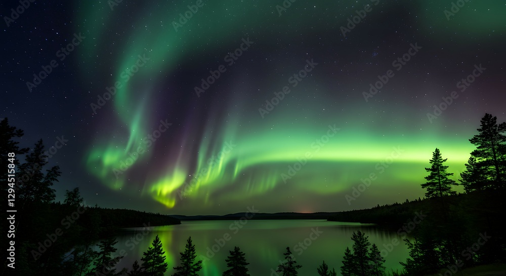 Naklejka premium The Northern Lights Glowing in Vivid Green and Purple Hues Over a Tranquil Lake Surrounded by Dark Pine Trees Under a Starry Night Sky.