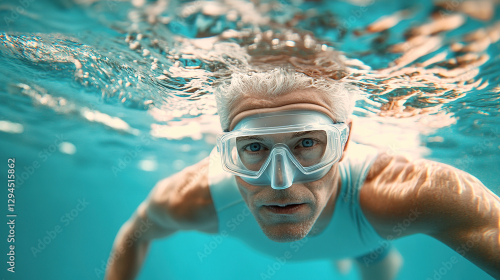 Naklejka premium Underwater Mature Man Swimming in Goggles