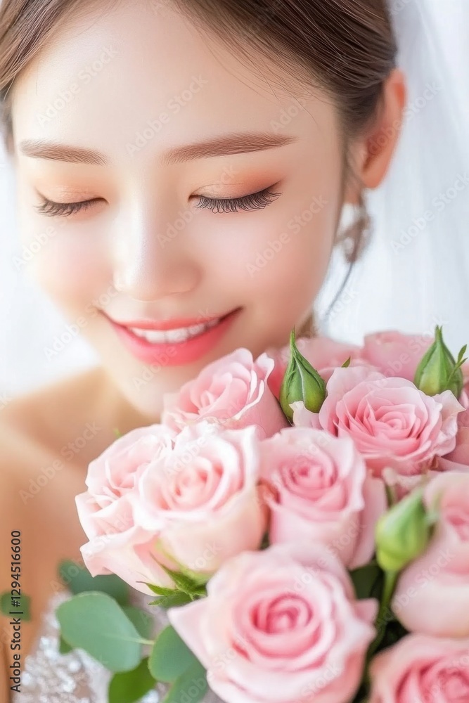 Beautiful bride holding a bouquet of pink roses while smiling warmly during her wedding ceremony in a bright, romantic setting Beautiful bride holding a bouquet of pink roses while smiling warmly during her wedding ceremony in a bright, romantic setting