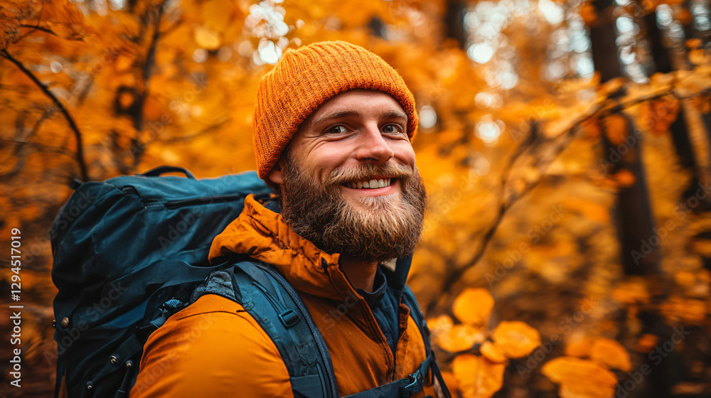 Happy Male Hiker in Autumn Forest with Backpack Happy Male Hiker in Autumn Forest with Backpack