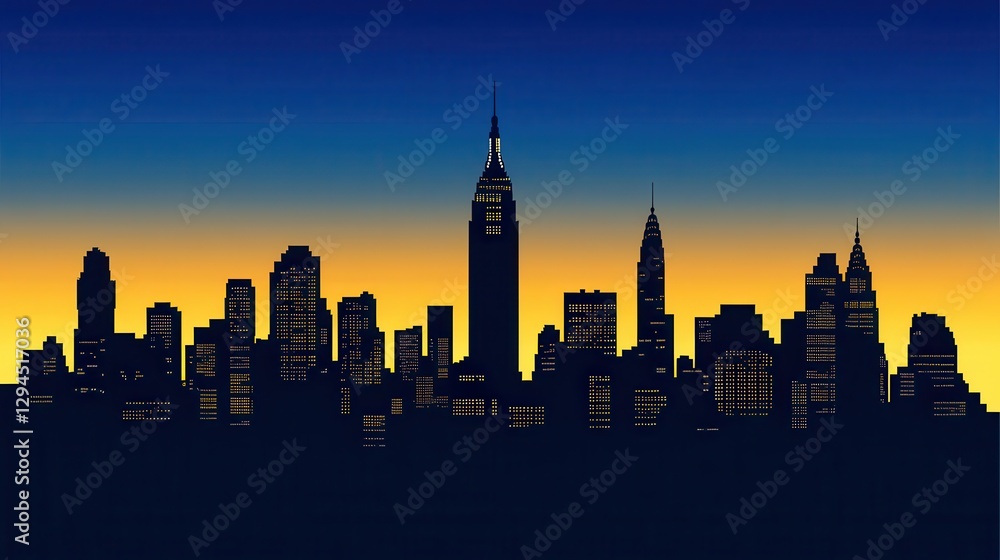 Fototapeta premium Sunset Skyline Silhouette of Prominent Buildings in Urban Landscape