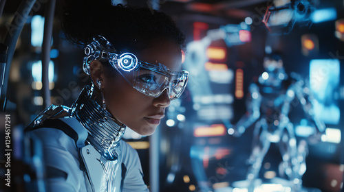 Wallpaper Mural Futuristic Female Scientist Working with Advanced Torontodigital.ca