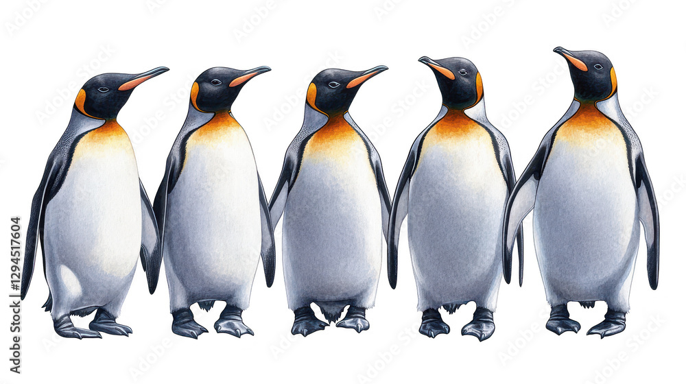 Fototapeta premium Resilient penguins in a row, glimpse into antarctic wildlife and adaptation