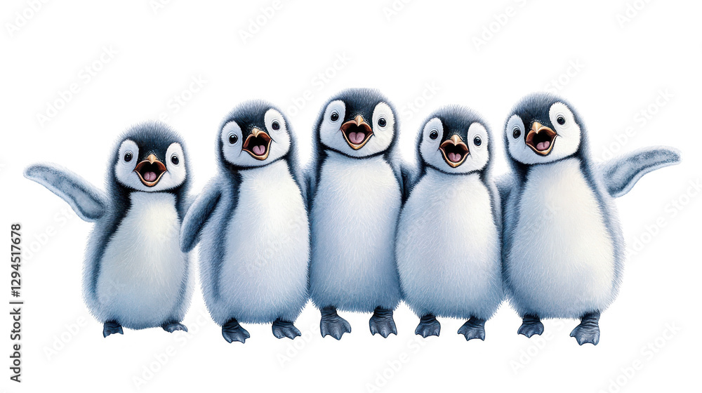 Naklejka premium five penguins with open mouths, a captivating glimpse into antarctic wildlife 