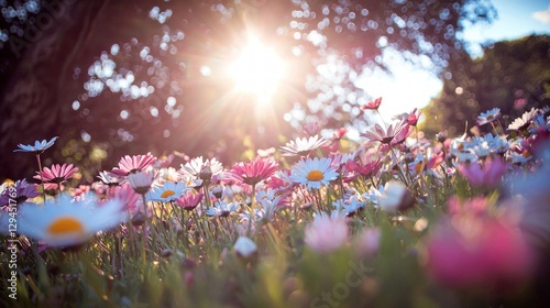 Golden Hour Daisies  Spring Meadow  Nature s Beauty  Sunlight  Floral Field  Wildflowers