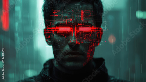 Digital avatar struggles with anxiety as cyberpunk glitch fragments threaten to consume their human form in a vivid and detailed depiction