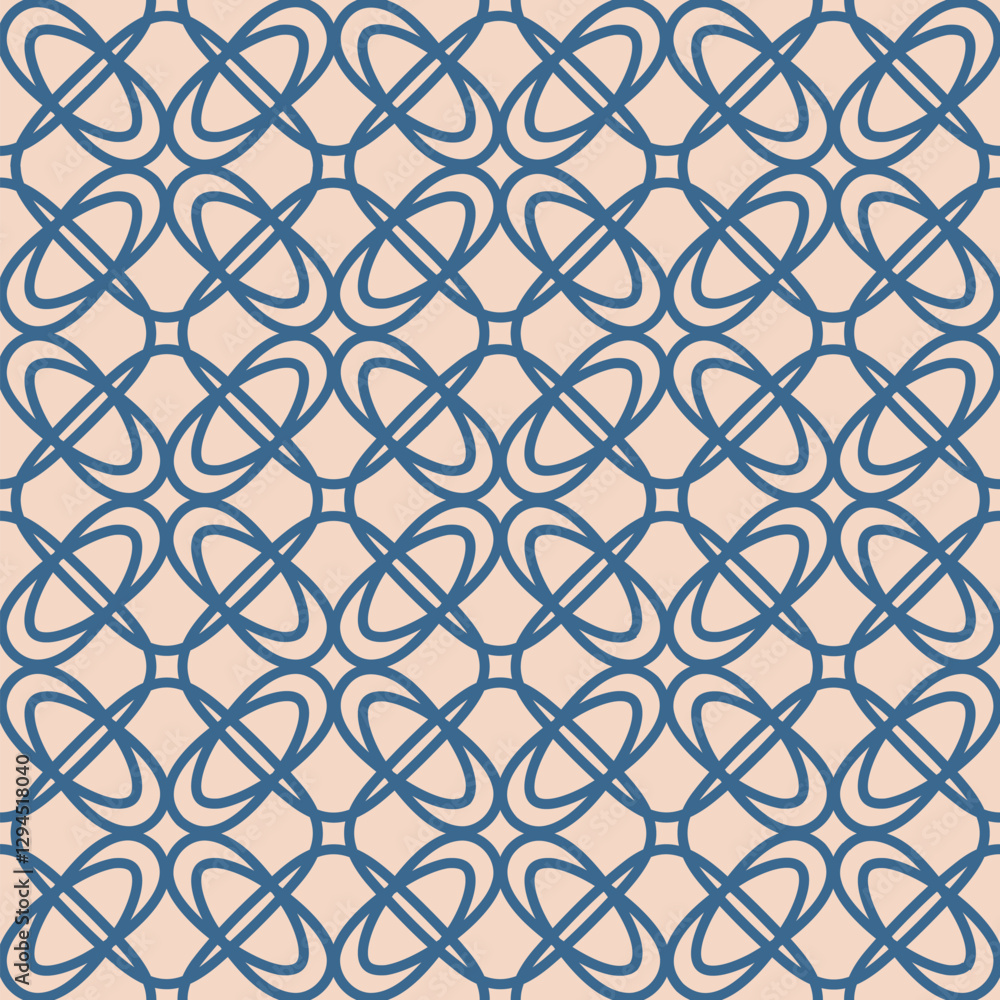 Naklejka premium Elegant floral grid ornament. Abstract vector geometric seamless pattern with mesh, lattice, flower silhouettes, curved lines, repeat tiles. Simple blue and beige background texture. Retro geo design