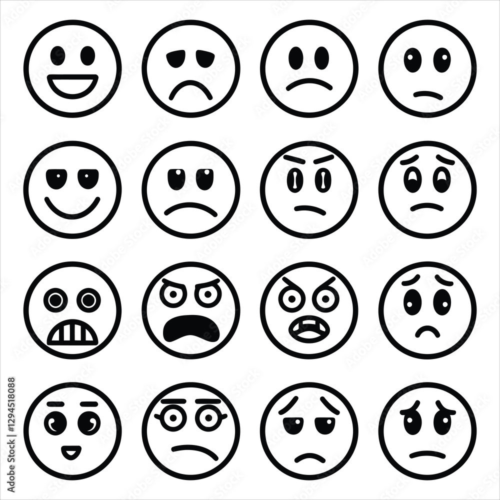 Set of Black and White Emoji Faces with Various Expressions Set of Black and White Emoji Faces with Various Expressions