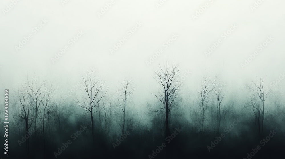 Obraz premium Bare trees stand in haunting mist, blending minimalist beauty with mystery in a surreal landscape.