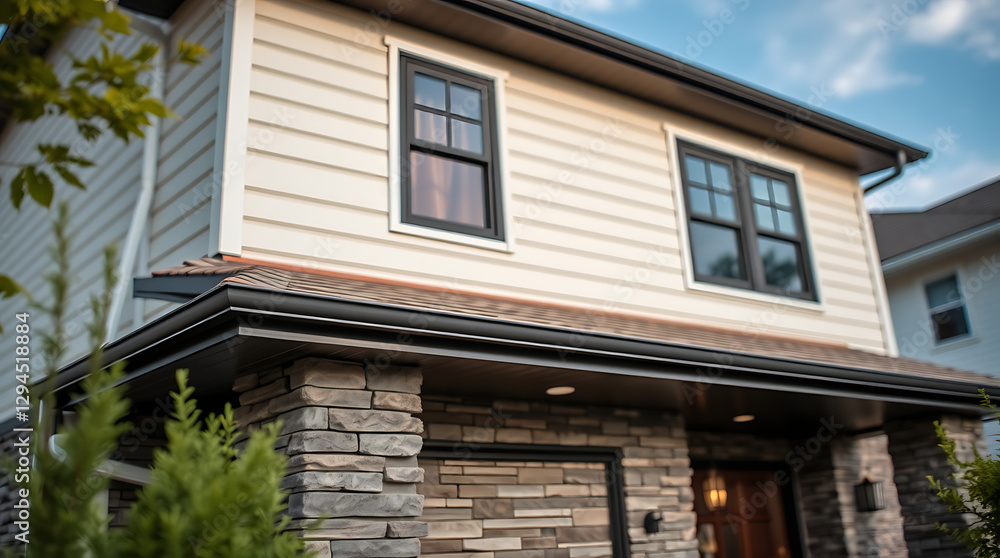 Modern House Exterior Design: Stone and Brick Facade, Contemporary Architecture, New Home Construction Modern House Exterior Design: Stone and Brick Facade, Contemporary Architecture, New Home Construction