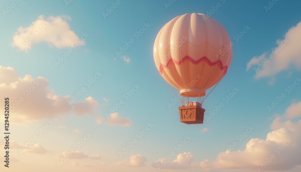 Fototapeta premium Pastel colored hot air balloon floating serenely among soft white clouds in a clear blue sky