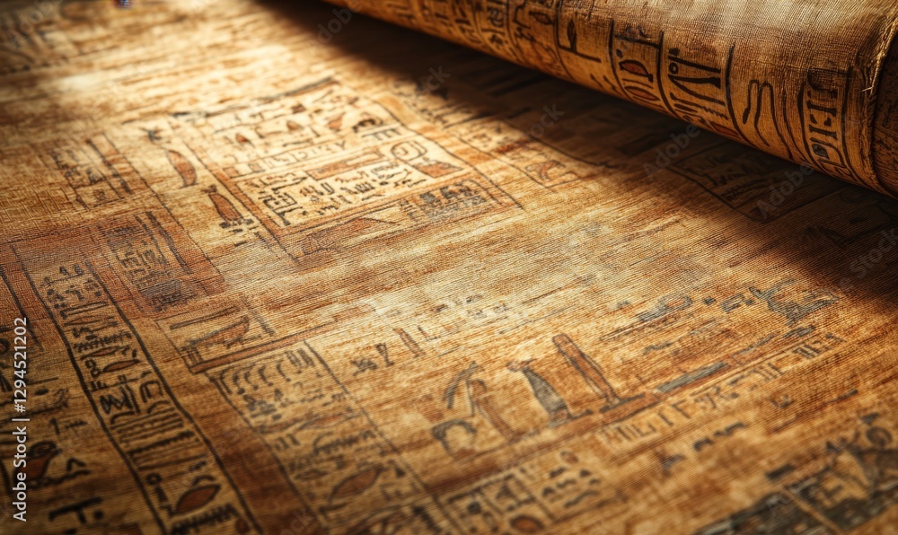 Fototapeta premium Ancient scroll with hieroglyphs representing historical knowledge and wisdom.