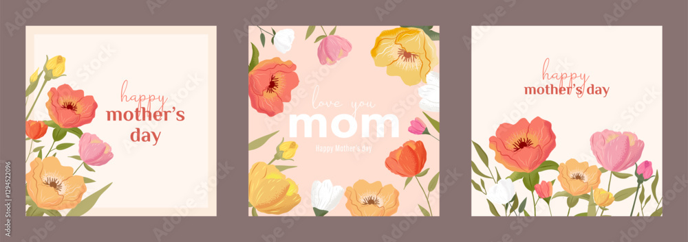 Set of Mother’s Day card, banner, poster, flyer, label, or cover with a floral frame. Abstract floral pattern for spring and summer. Modern, vibrant botanical design template. Set of Mother’s Day card, banner, poster, flyer, label, or cover with a floral frame. Abstract floral pattern for spring and summer. Modern, vibrant botanical design template.