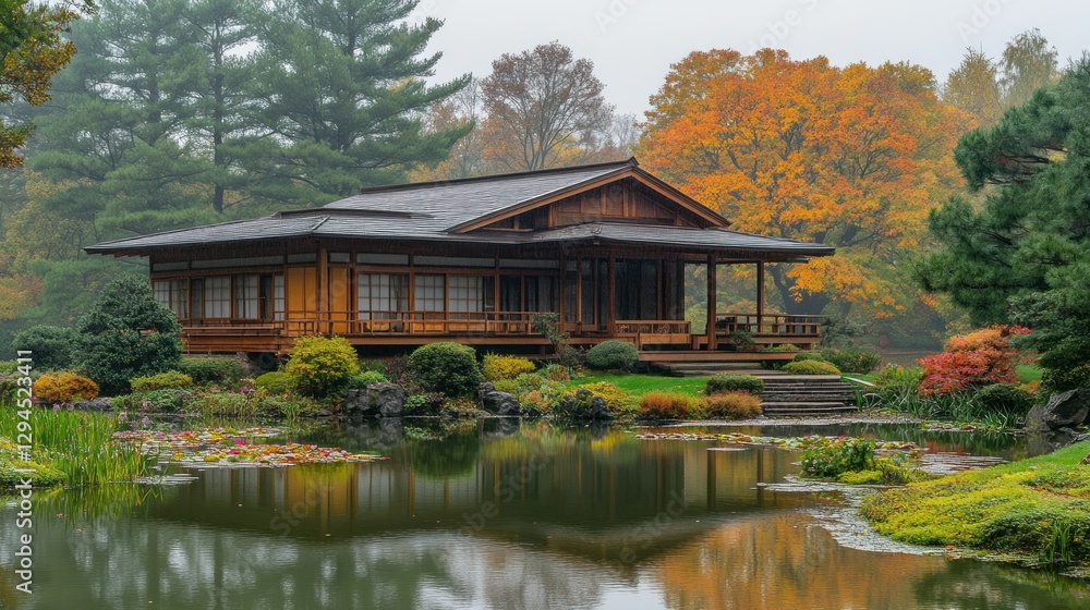 Autumnal Japanese House Reflecting in Pond Autumnal Japanese House Reflecting in Pond