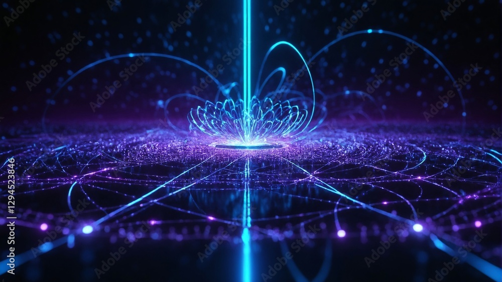 Fototapeta premium Neon Abstract 3D Render of Quantum Circuit with Entangled Particles on Futuristic Background