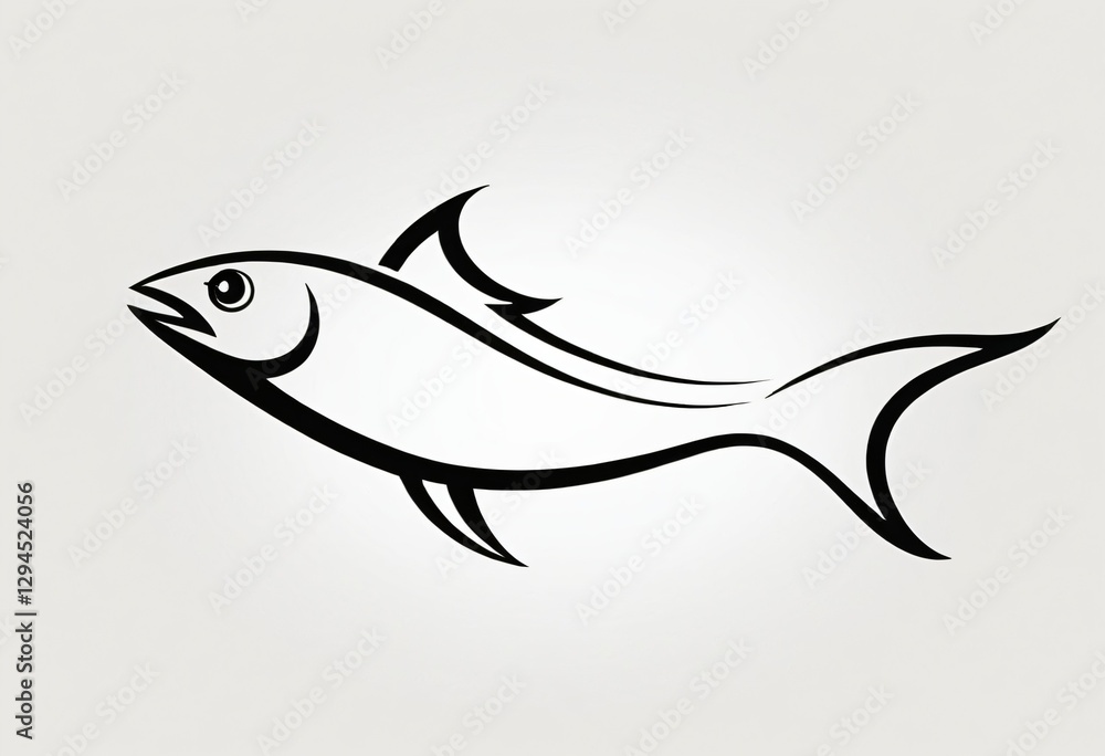 Obraz premium Stylized Black Silhouette of Leaping Fish, Profile View Facing Left, Curving Upwards, Tail Extending Downwards, Rounded Head, Single Eye, Two Dorsal Fins, Smooth Curved Lines. Ai generated image.