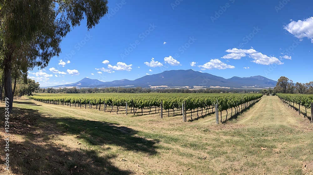 Obraz premium A panoramic view of a vineyard with rows of grapevines and a distant mountain range