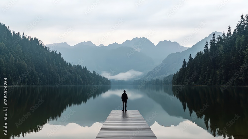 Serene Mountain Lake Pier Solitude Reflection Tranquility Serene Mountain Lake Pier Solitude Reflection Tranquility