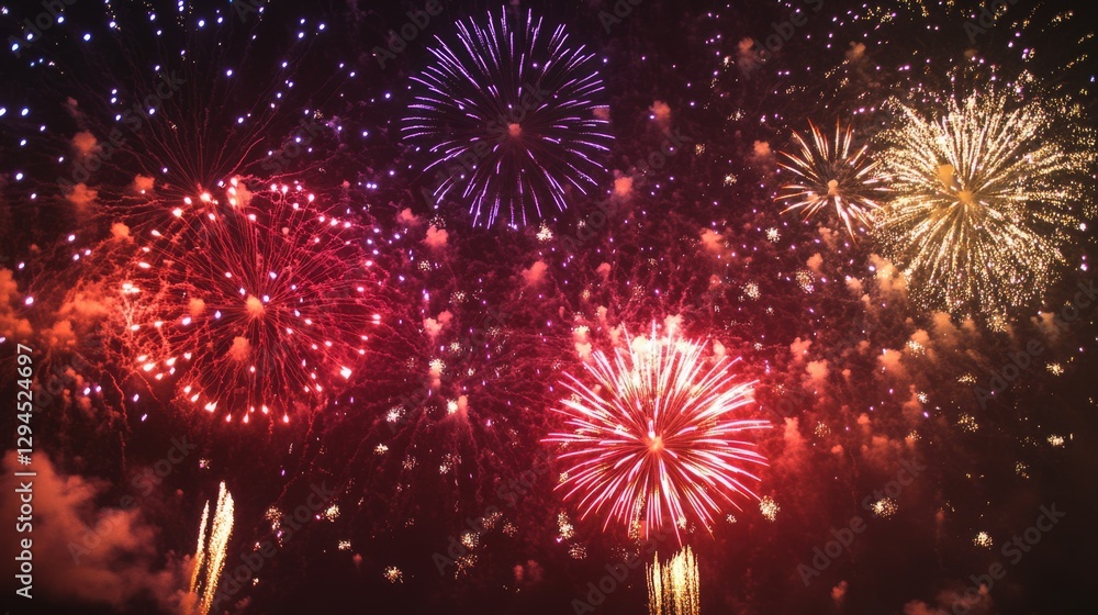 Fototapeta premium Multicolored fireworks illuminate the night sky, creating a dazzling display of vibrant colors and patterns.
