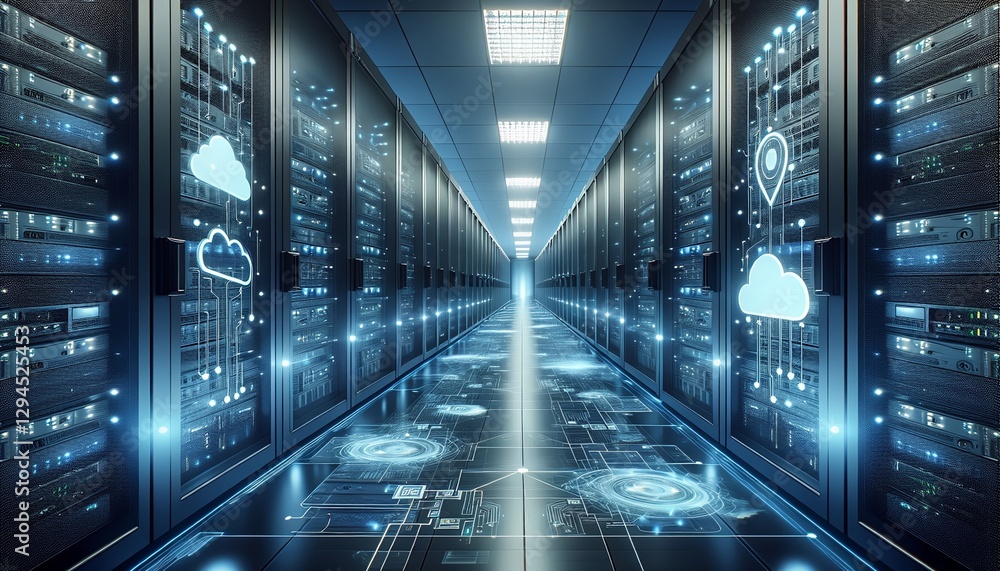 Fototapeta premium State-of-the-art data center with advanced cloud computing technology and secure server racks.