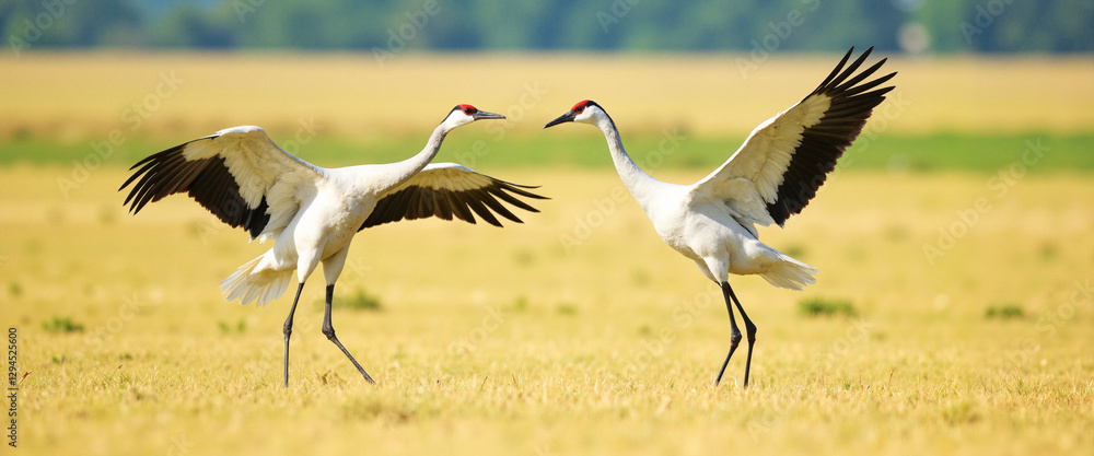 Fototapeta premium Cranes calling to each other in open field at midday, nature duet