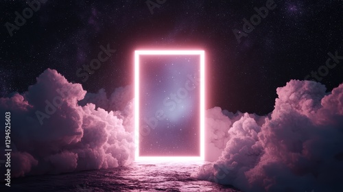 A hyperdimensional doorway appearing in deep space, its neon energy distorting reality in surreal interstellar waves photo